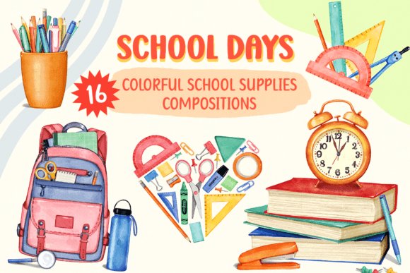 Charming Watercolor Style: The School Days Illustrations Bundle
