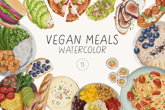 Watercolor Vegan Meals Illustrations: A Fresh Set for Creative Projects